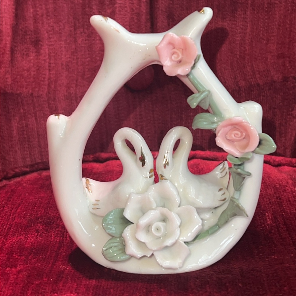 Porcelain Swan Figurine with Pink Roses